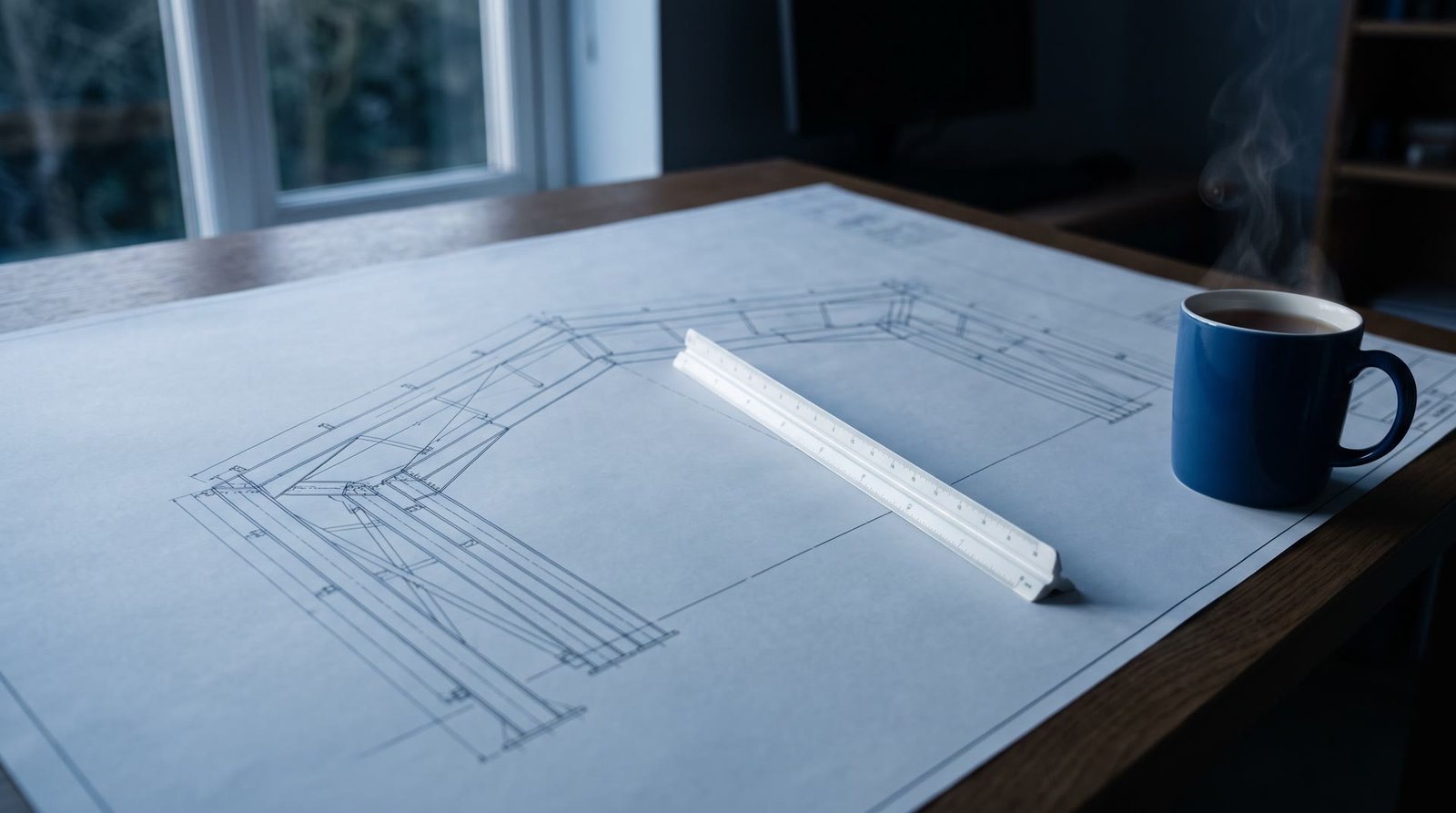 A structural engineer’s desk with steel drawings and a scale rule, in cool morning light.