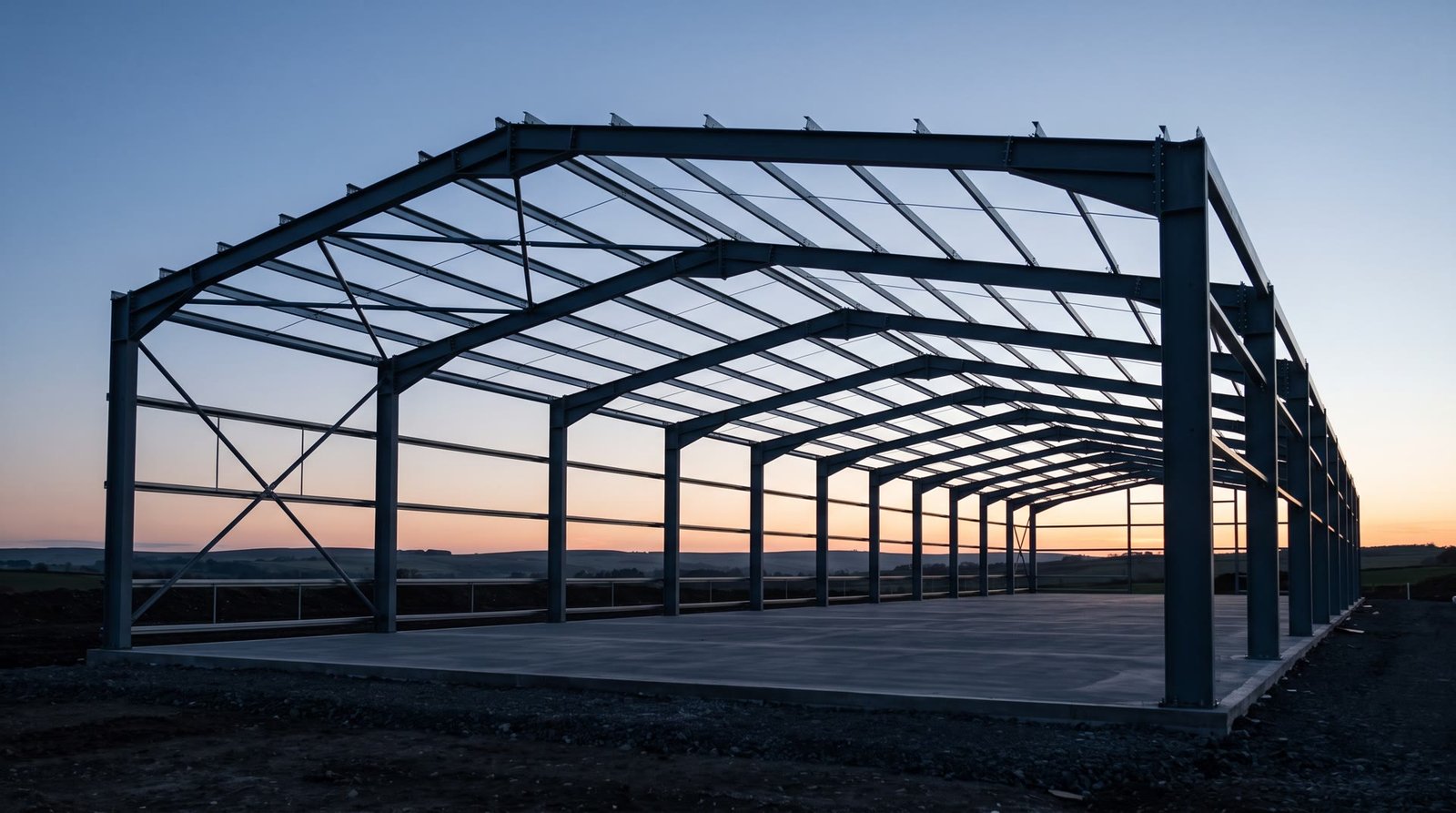 Steel portal frames standing on a building site at dusk.